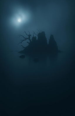 A dark and mysterious island, Pulau Tengkorak, shrouded in thick fog