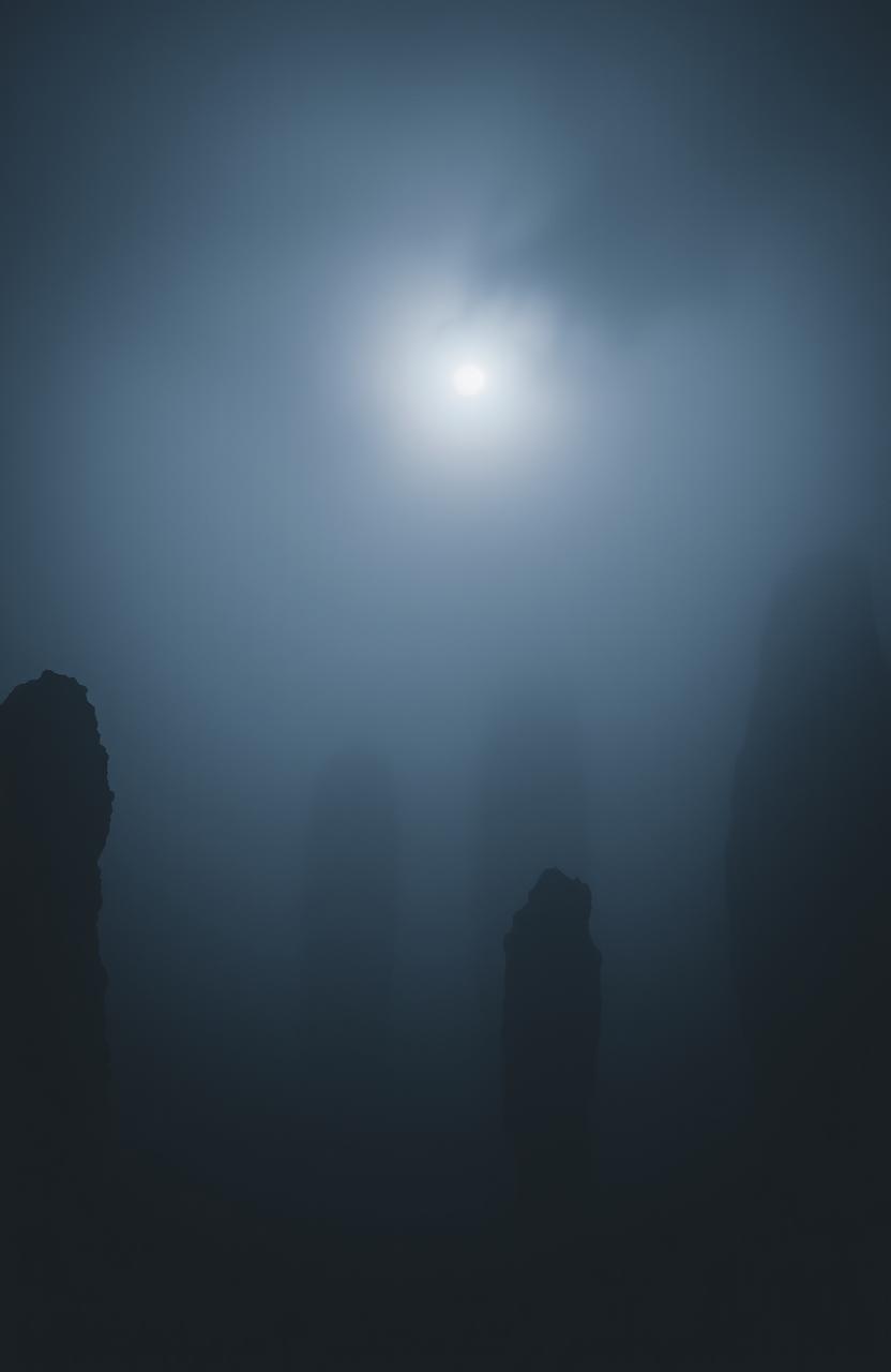 A dark and mysterious island, Pulau Tengkorak, shrouded in thick fog