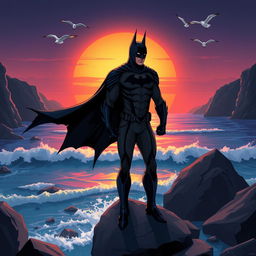 A stunning illustration of a batman character standing at the edge of the sea, the waves gently crashing against the rocks