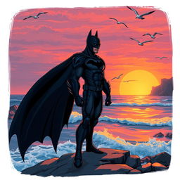 A stunning illustration of a batman character standing at the edge of the sea, the waves gently crashing against the rocks