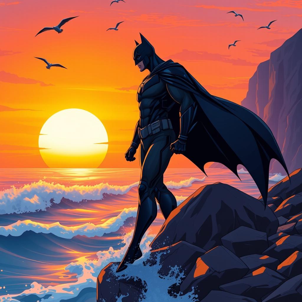 A stunning illustration of a batman character standing at the edge of the sea, the waves gently crashing against the rocks
