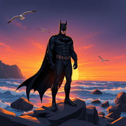A stunning illustration of a batman character standing at the edge of the sea, the waves gently crashing against the rocks