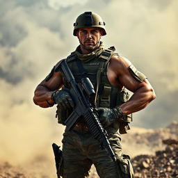 A strong and determined soldier standing proud in full military gear, with a camouflage uniform, holding a rifle at the ready