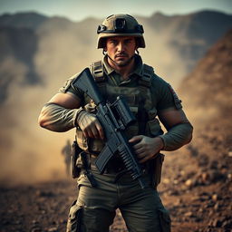 A strong and determined soldier standing proud in full military gear, with a camouflage uniform, holding a rifle at the ready