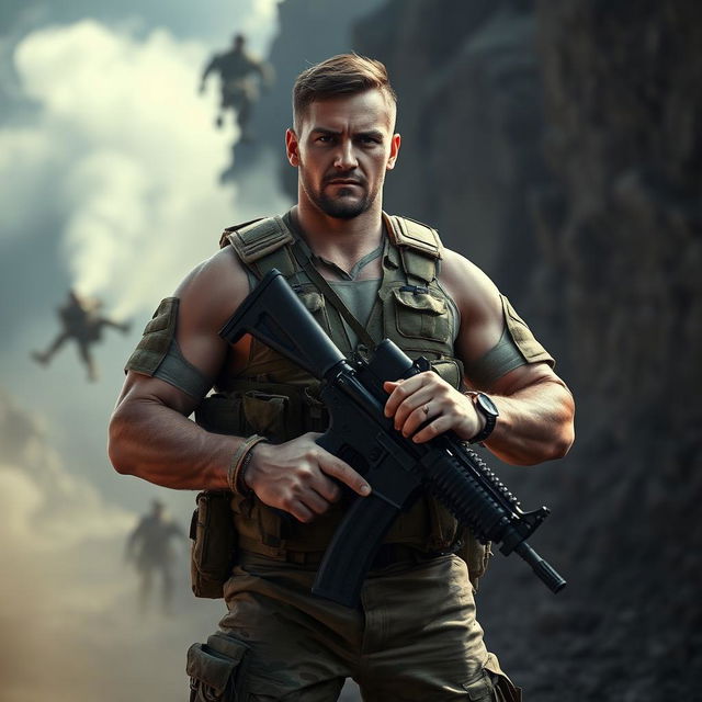 A strong and determined soldier standing proud in full military gear, with a camouflage uniform, holding a rifle at the ready