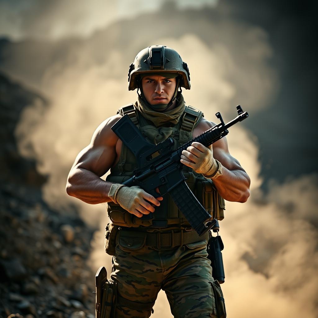 A strong and determined soldier standing proud in full military gear, with a camouflage uniform, holding a rifle at the ready