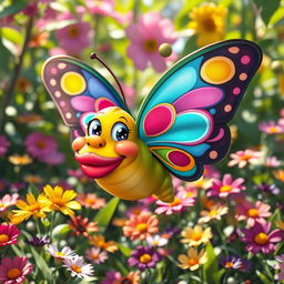 A cartoonish, yet hyper-realistic, funny butterfly with oversized lips, colorful and whimsical patterns on its wings, swirling with bright colors like pink, blue, and yellow
