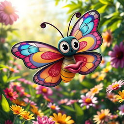 A cartoonish, yet hyper-realistic, funny butterfly with oversized lips, colorful and whimsical patterns on its wings, swirling with bright colors like pink, blue, and yellow