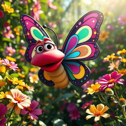 A cartoonish, yet hyper-realistic, funny butterfly with oversized lips, colorful and whimsical patterns on its wings, swirling with bright colors like pink, blue, and yellow