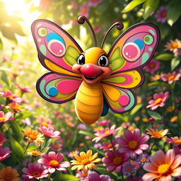 A cartoonish, yet hyper-realistic, funny butterfly with oversized lips, colorful and whimsical patterns on its wings, swirling with bright colors like pink, blue, and yellow