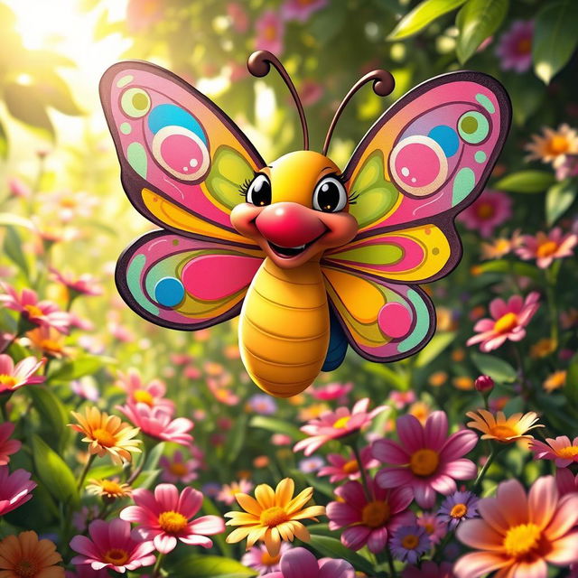 A cartoonish, yet hyper-realistic, funny butterfly with oversized lips, colorful and whimsical patterns on its wings, swirling with bright colors like pink, blue, and yellow