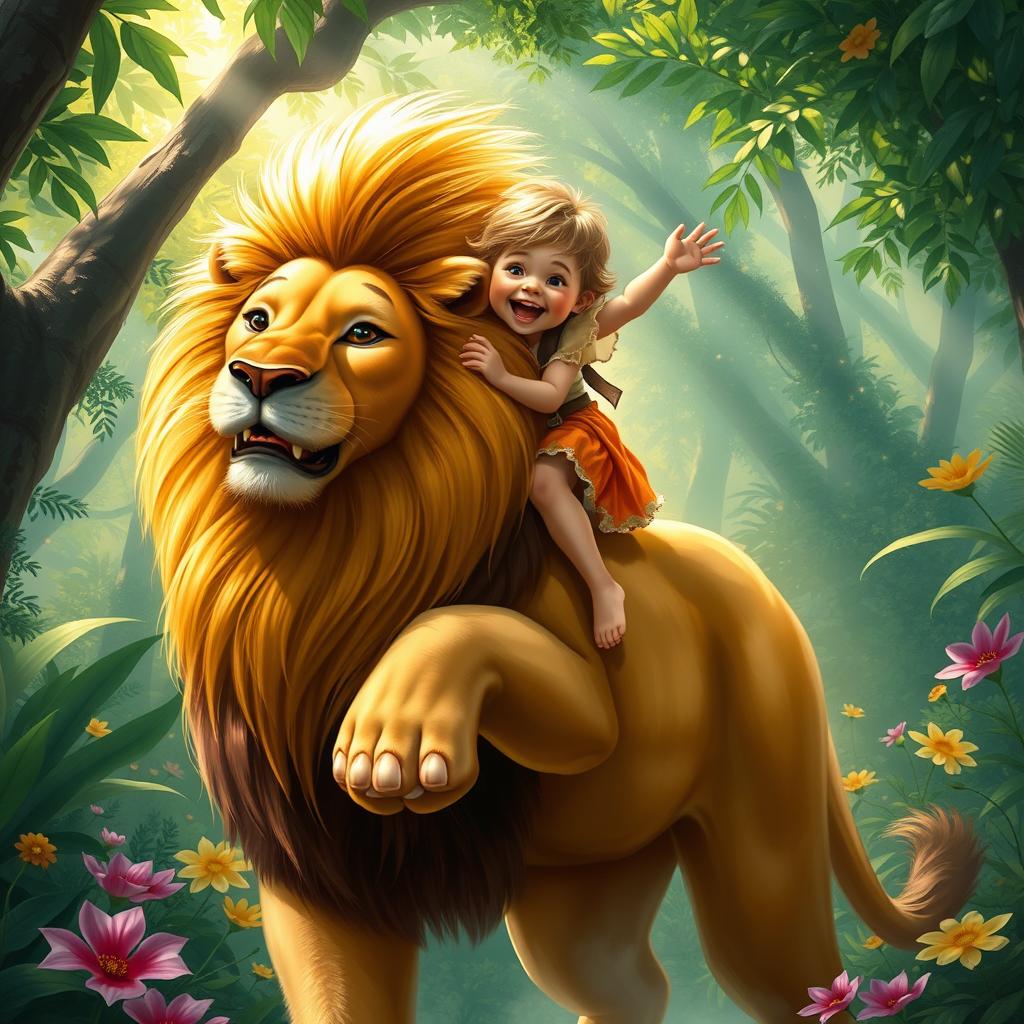 A realistic depiction of a young child joyfully riding a large lion in a lush, vibrant jungle setting