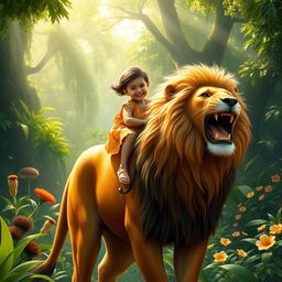 A realistic depiction of a young child joyfully riding a large lion in a lush, vibrant jungle setting