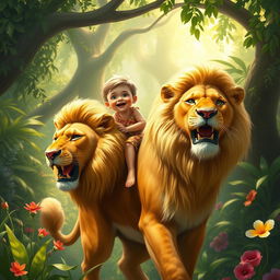 A realistic depiction of a young child joyfully riding a large lion in a lush, vibrant jungle setting