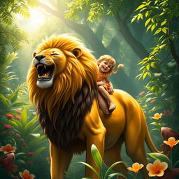 A realistic depiction of a young child joyfully riding a large lion in a lush, vibrant jungle setting