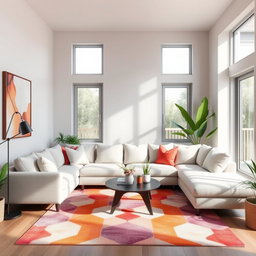 A beautifully designed modern living room featuring a comfortable sectional sofa with plush cushions, a stylish coffee table, and large windows that allow natural light to stream in