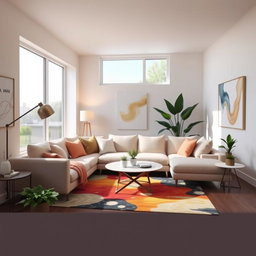 A beautifully designed modern living room featuring a comfortable sectional sofa with plush cushions, a stylish coffee table, and large windows that allow natural light to stream in