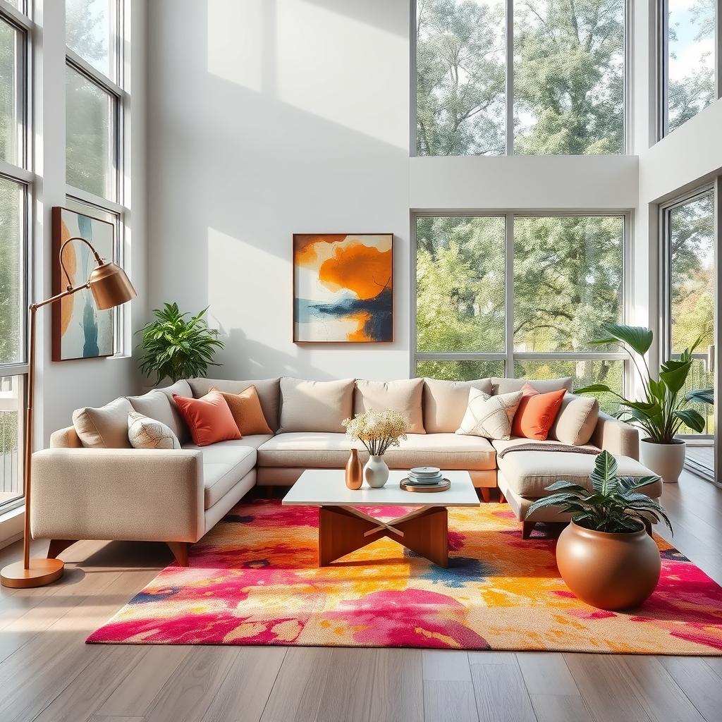 A beautifully designed modern living room featuring a comfortable sectional sofa with plush cushions, a stylish coffee table, and large windows that allow natural light to stream in