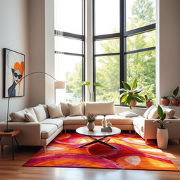 A beautifully designed modern living room featuring a comfortable sectional sofa with plush cushions, a stylish coffee table, and large windows that allow natural light to stream in