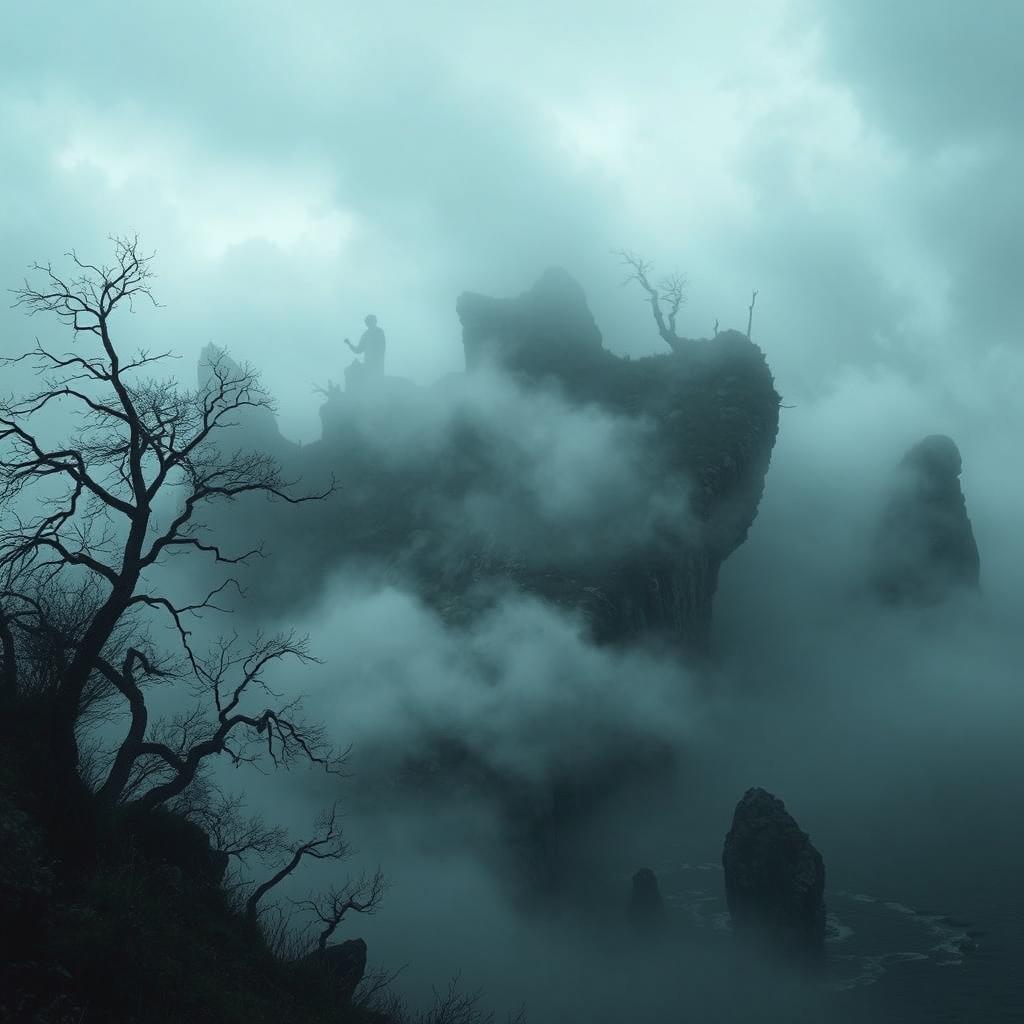 A mysterious island shrouded in dark mist and fog, featuring jagged cliffs and an eerie atmosphere