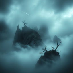 A mysterious island shrouded in dark mist and fog, featuring jagged cliffs and an eerie atmosphere