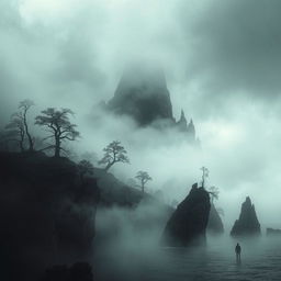 A mysterious island shrouded in dark mist and fog, featuring jagged cliffs and an eerie atmosphere