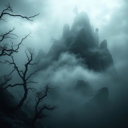A mysterious island shrouded in dark mist and fog, featuring jagged cliffs and an eerie atmosphere