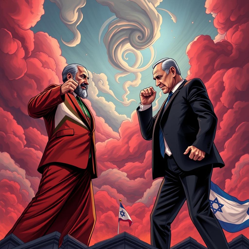 An intense showdown between two powerful leaders, one representing Iran and the other Israel, in a dramatic, stylized illustration