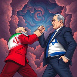 An intense showdown between two powerful leaders, one representing Iran and the other Israel, in a dramatic, stylized illustration