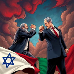An intense showdown between two powerful leaders, one representing Iran and the other Israel, in a dramatic, stylized illustration