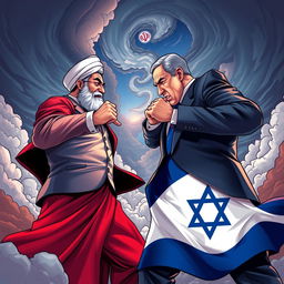 An intense showdown between two powerful leaders, one representing Iran and the other Israel, in a dramatic, stylized illustration