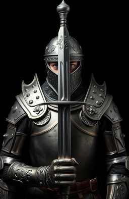 A knight clad in intricate armor, standing boldly with a captivating stance against a black background