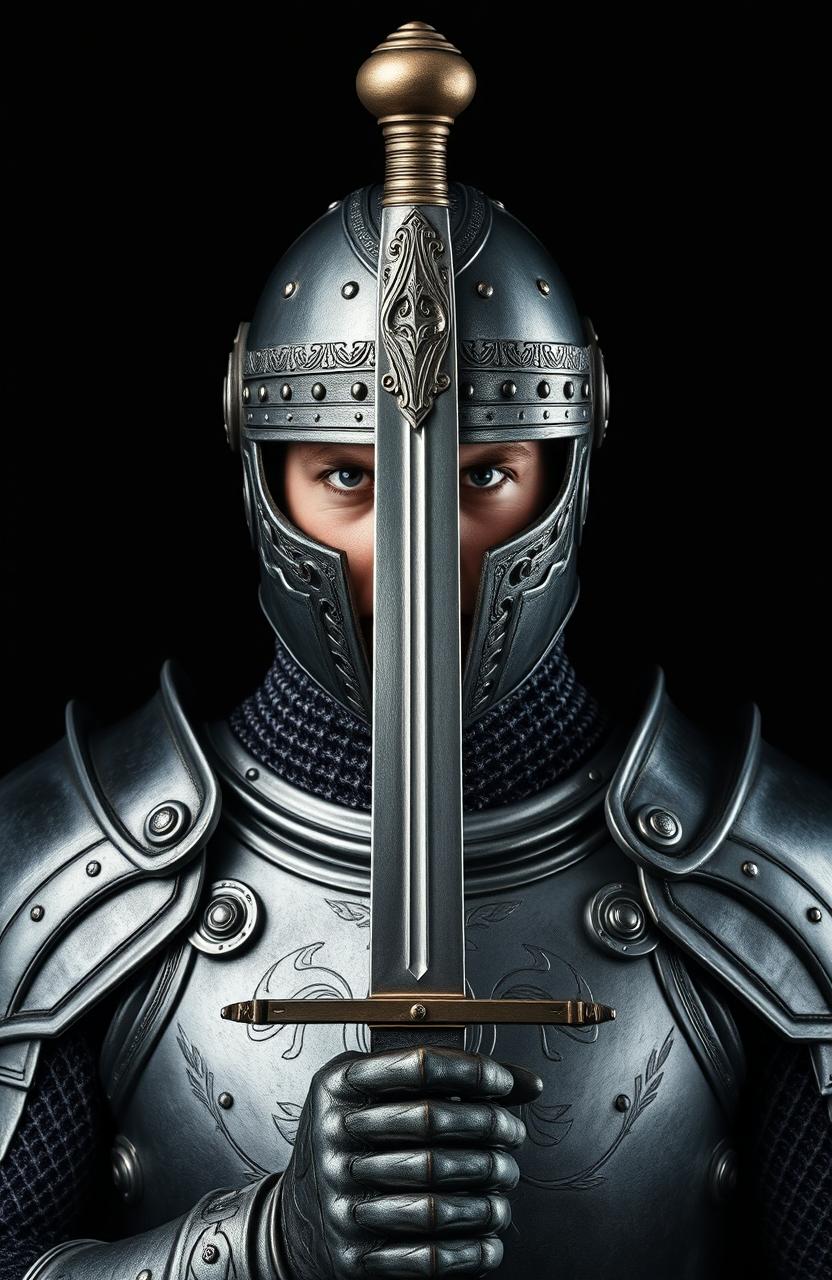 A knight clad in intricate armor, standing boldly with a captivating stance against a black background