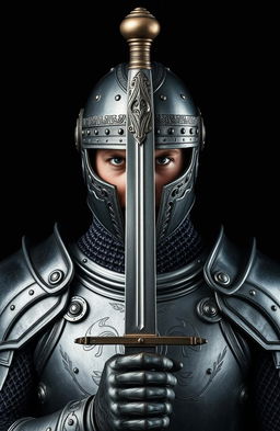 A knight clad in intricate armor, standing boldly with a captivating stance against a black background