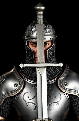A knight clad in intricate armor, standing boldly with a captivating stance against a black background
