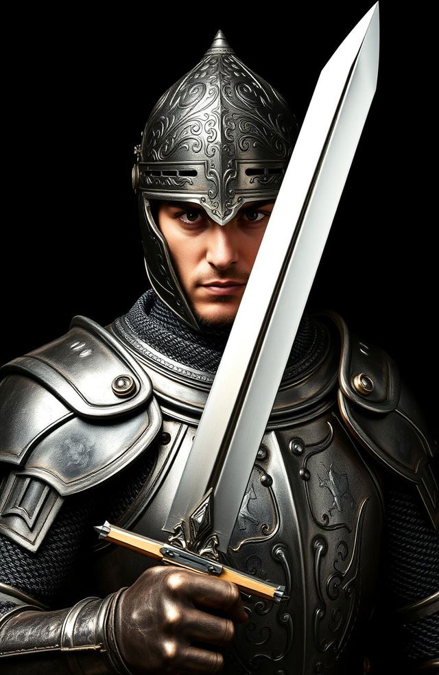 A knight clad in intricate armor, standing boldly with a captivating stance against a black background