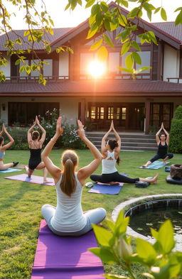 A serene and tranquil outdoor scene showcasing a beautiful yoga practice at Samsara Yoga School