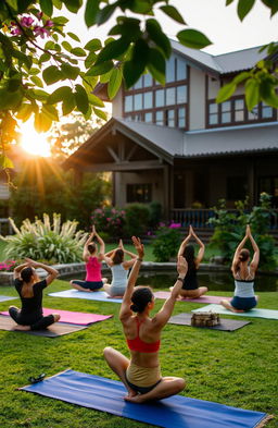 A serene and tranquil outdoor scene showcasing a beautiful yoga practice at Samsara Yoga School