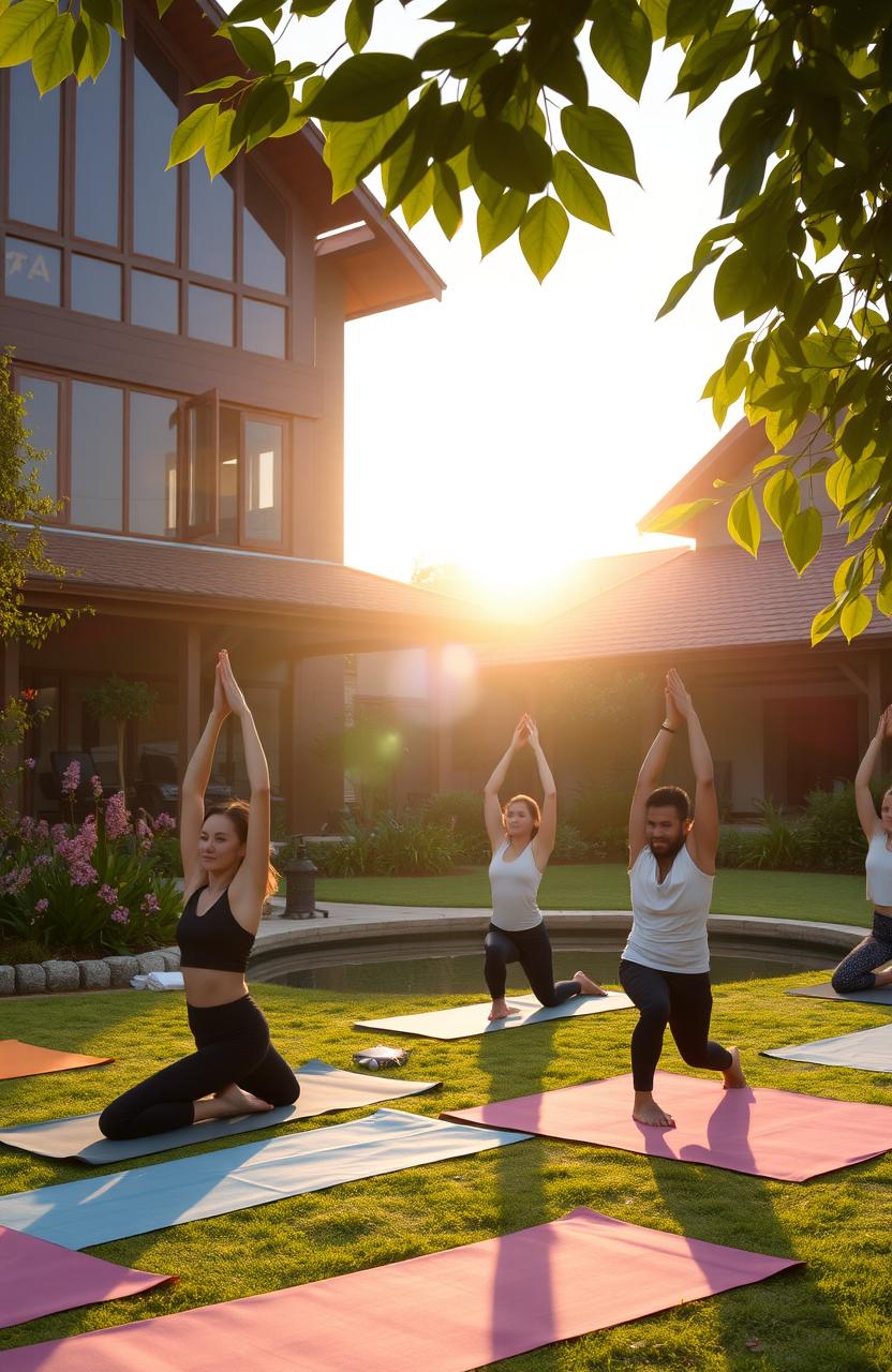 A serene and tranquil outdoor scene showcasing a beautiful yoga practice at Samsara Yoga School