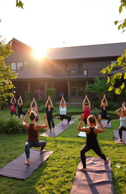 A serene and tranquil outdoor scene showcasing a beautiful yoga practice at Samsara Yoga School