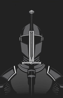 A minimalist drawing of a knight facing the viewer, with the blade of a sword positioned directly in the center of his face, set against a solid black background