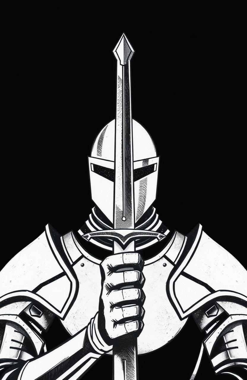 A minimalist drawing of a knight facing the viewer, with the blade of a sword positioned directly in the center of his face, set against a solid black background