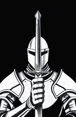 A minimalist drawing of a knight facing the viewer, with the blade of a sword positioned directly in the center of his face, set against a solid black background