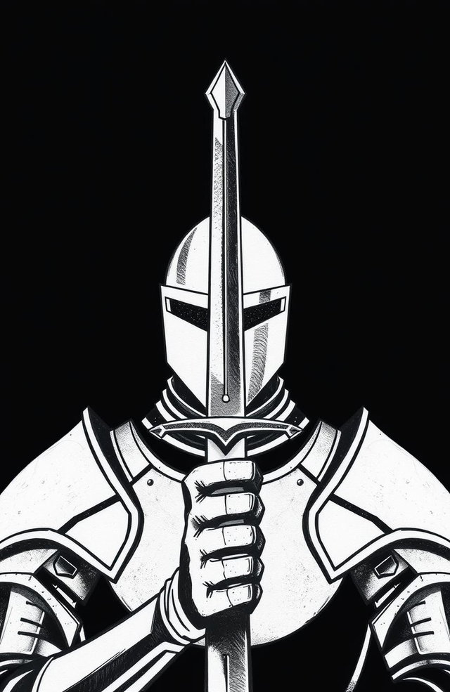 A minimalist drawing of a knight facing the viewer, with the blade of a sword positioned directly in the center of his face, set against a solid black background