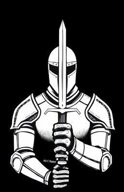 A minimalist drawing of a knight facing the viewer, with the blade of a sword positioned directly in the center of his face, set against a solid black background