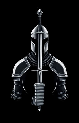 A minimalist drawing of a knight facing the viewer, with the blade of a sword positioned directly in the center of his face, set against a solid black background