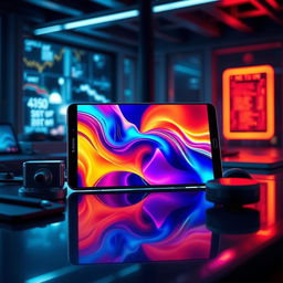 A realistic depiction of a futuristic Samsung AMOLED display featuring vibrant colors and ultra-high definition resolution, showcasing lifelike contrast and depth