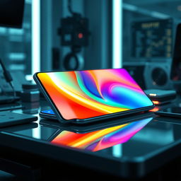 A realistic depiction of a futuristic Samsung AMOLED display featuring vibrant colors and ultra-high definition resolution, showcasing lifelike contrast and depth