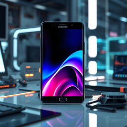 A realistic depiction of a futuristic Samsung AMOLED display featuring vibrant colors and ultra-high definition resolution, showcasing lifelike contrast and depth