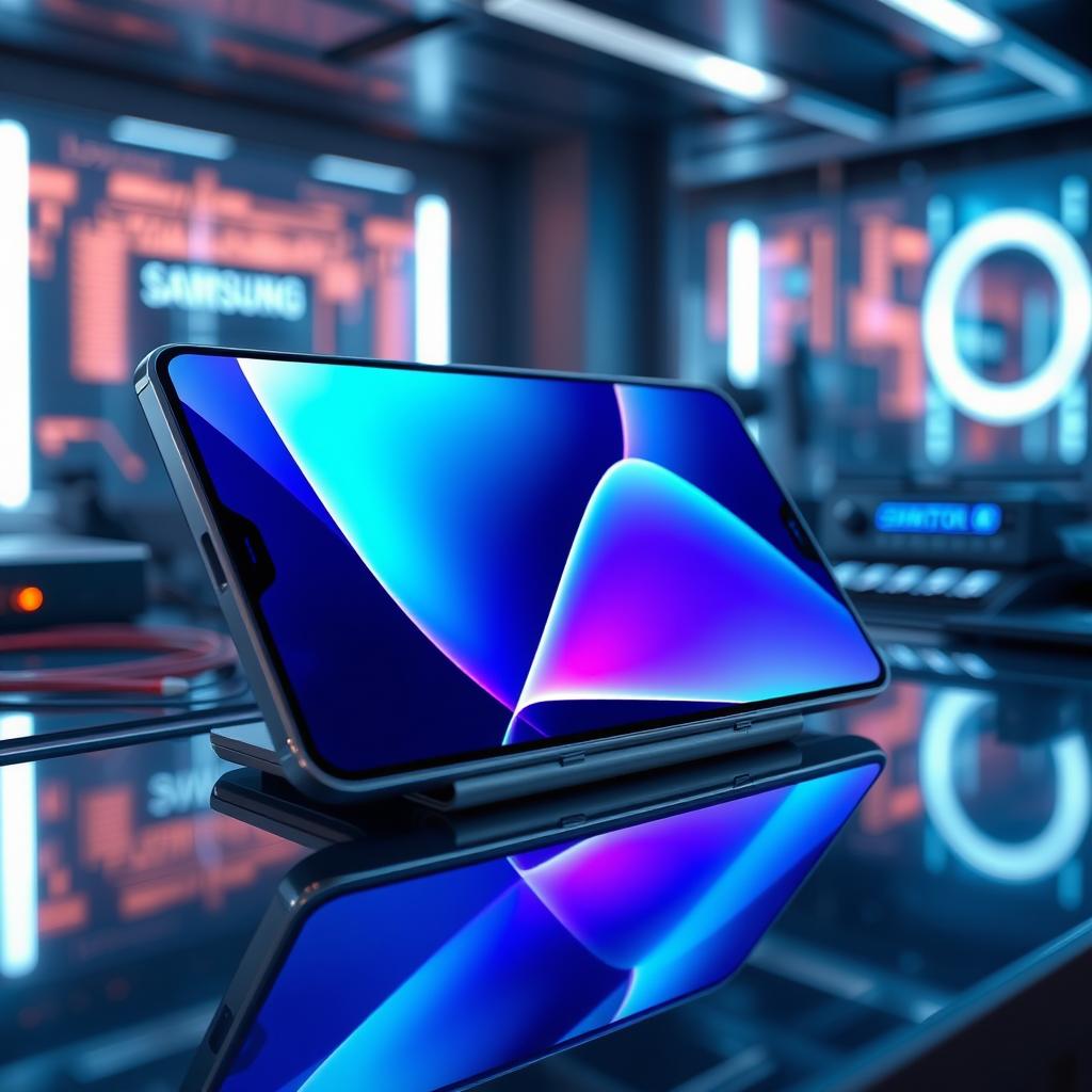 A realistic depiction of a futuristic Samsung AMOLED display featuring vibrant colors and ultra-high definition resolution, showcasing lifelike contrast and depth